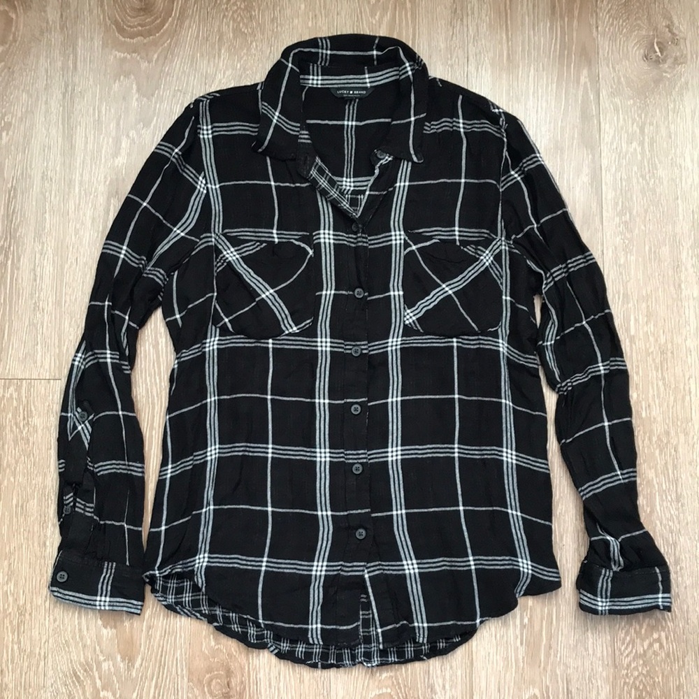 Lucky Brand black & white viscose plaid/check shirt, size small